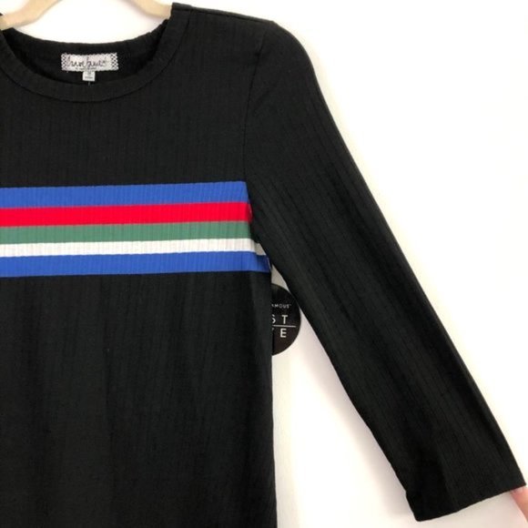 New Crave Fame Striped Rib Knit 3/4 Sleeve Tee Black Multi Juniors Size Medium - Picture 3 of 13